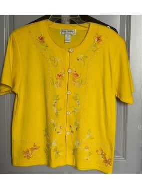 VTG Women's Lisa Ashley Yellow Embroidered Short Sleeve Tee M #063